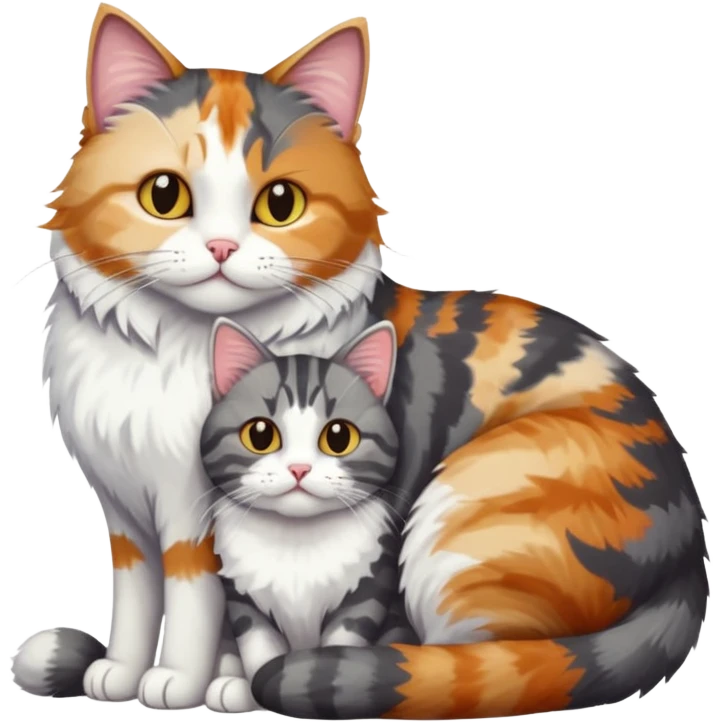 full body colourful light patched calico + white tabby cat cuddling a bigger cat that is dark grey and white tabby cat  emoji
