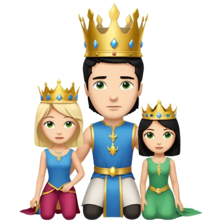 Man as king, standing, black Hair, blue eyes, female Servoamt, blonde, green eyes, shott white sleveless Dress, kneeling, background palace emoji