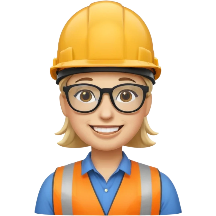 personnage emoji avec casque de chantier, logo SRE sur le casque, lunettes swag, sourire éclatant, style emoji Apple emoji