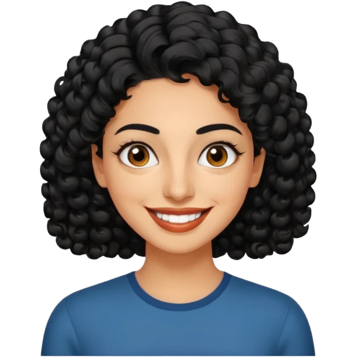 30 year old iranian woman very short curly black hair, big brown eyes, tanned skin, big smile, white teeth, pretty, stylish, shorter hair, man length hair emoji