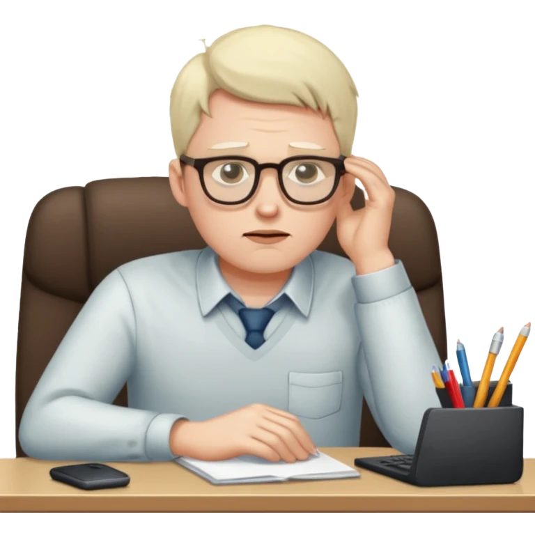 man sitting at his workplace, working hard, very tired emoji