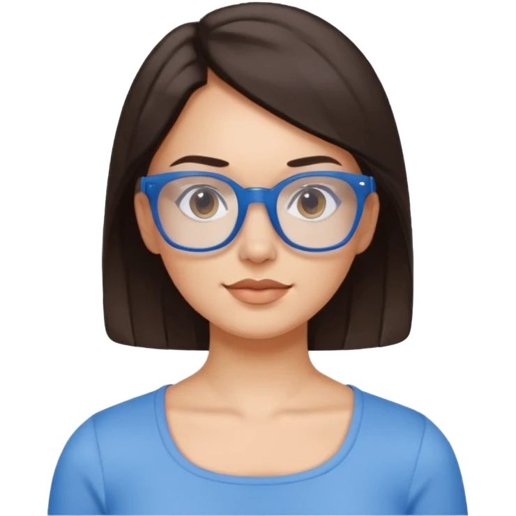 mujer de 30 años, cabello marron oscuro, ANTEOJOS CELESTE BLANCOS, top celeste escote cuadrado, piel blanca, cara redonda emoji