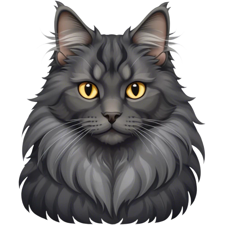 Portrait of a black smoke Maine Coon cat with long grey ear tufts and a large grey ruff around its neck. The cat has a majestic expression, with fluffy fur and striking eyes. Transparent background. emoji