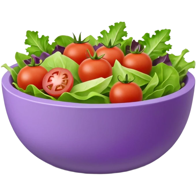 Modern premium 3D emoji icon: salad bowl (🥗), smooth rounded shapes, matte + subtle gloss, top-left studio light, soft shadow. Purple bowl with lavender rim; ingredients in natural colors. Centered, transparent background, no text. emoji