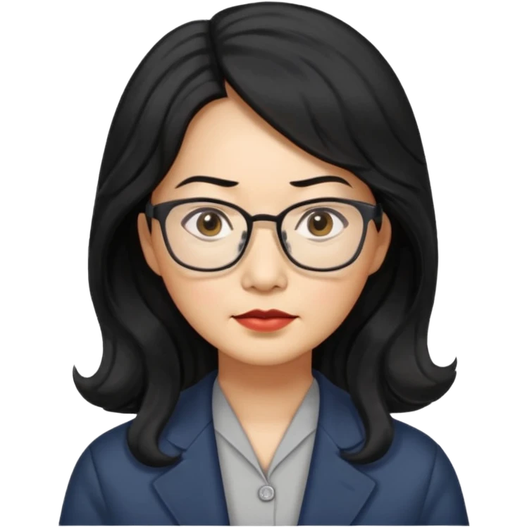 manager, middle-aged Asian woman, long wavy hair, small rectangular metal glasses, serious look emoji