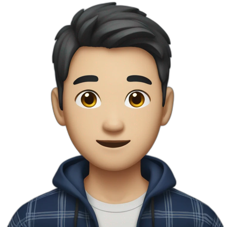 A asian young man with no beard,  short brown hair, exuding confidence, clad in a navy blue checked flannel shirt. emoji