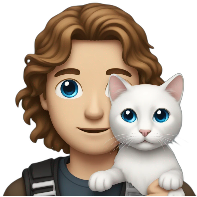 a white guy with blue eyes and long brown hair holding his white black cat emoji