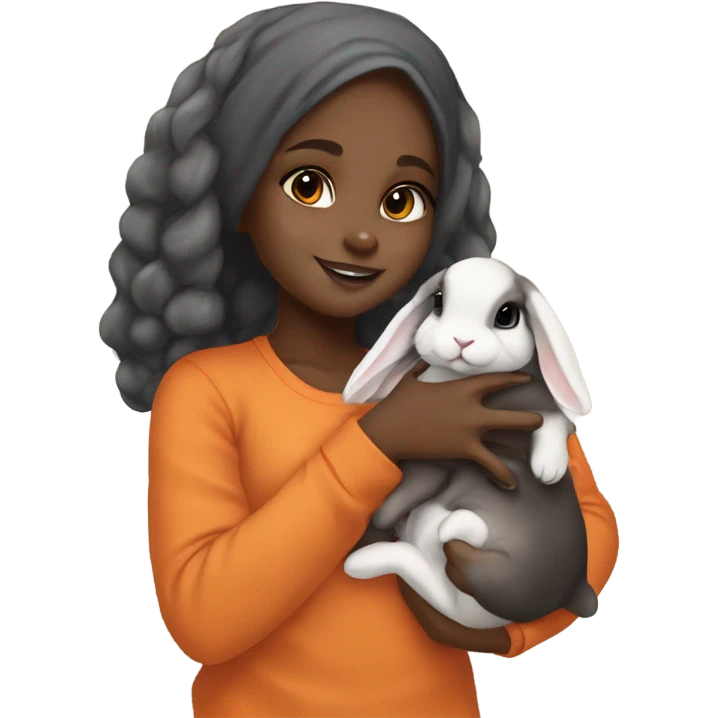 Black Muslim girl holding her 3 cute orange, gray, and mix colored holland lop bunnies emoji