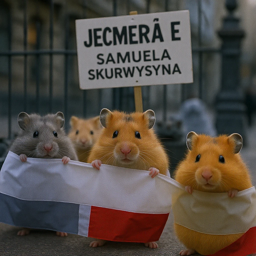 Cinematic shot of a group of hamsters takes over polish sejm. some of them has signs with "jebać samuela skurwysyna". emoji