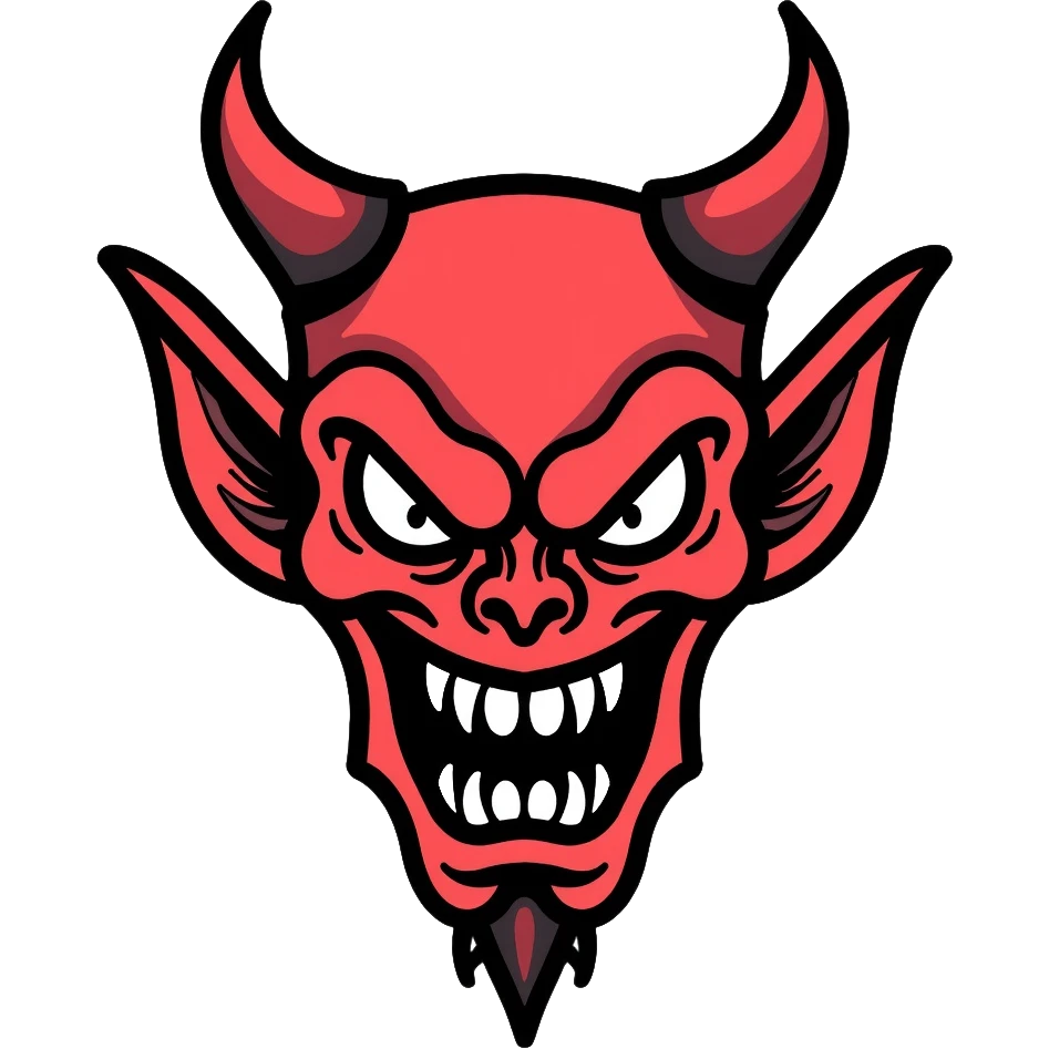 Scary red devil with horns, evil grin, and menacing eyes emoji