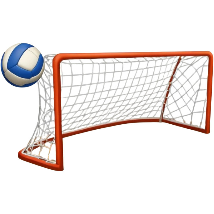 A handball thrown towards the goal by close-up hand, with the goalposts and court lines in the background. The scene captures the power and precision of the throw, with the net of the goal in focus, emphasizing the dynamic action of the sport. emoji