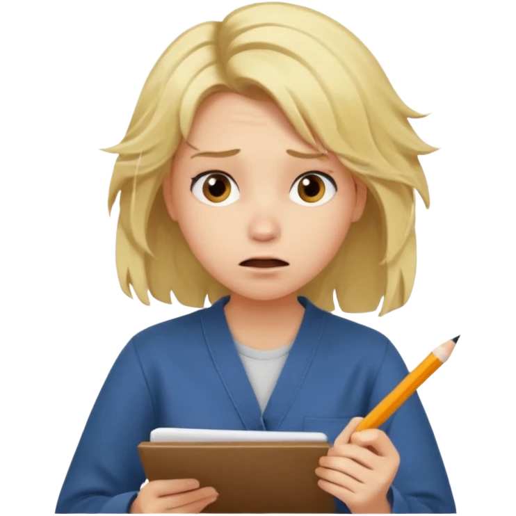 young blonde disheveled hair woman is writing an exam in panic emoji