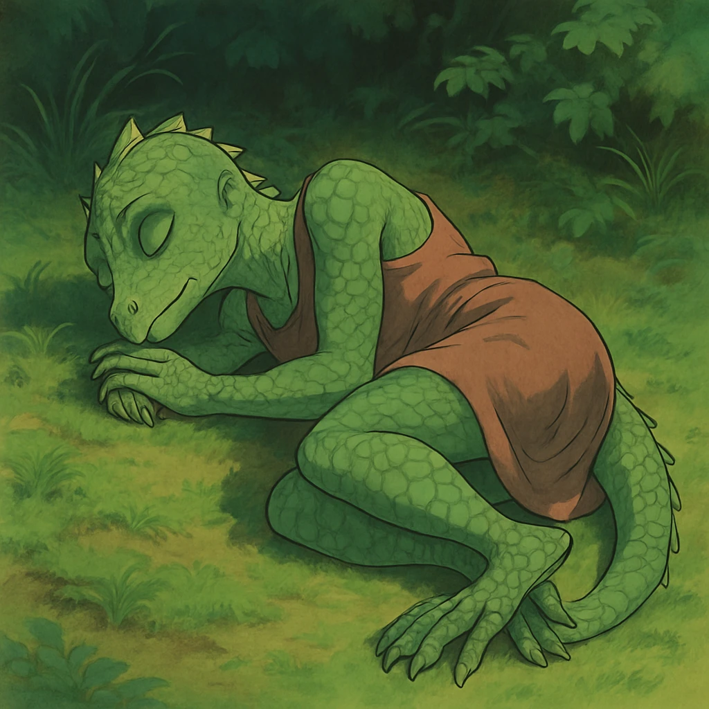 a Reptilian alien woman, full body, sleeping, in a different artistic style, ghibli style, detailed, imaginative emoji