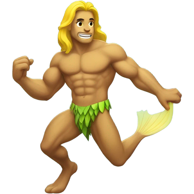 Tan muscular merman with yellow tail and dark hair emoji