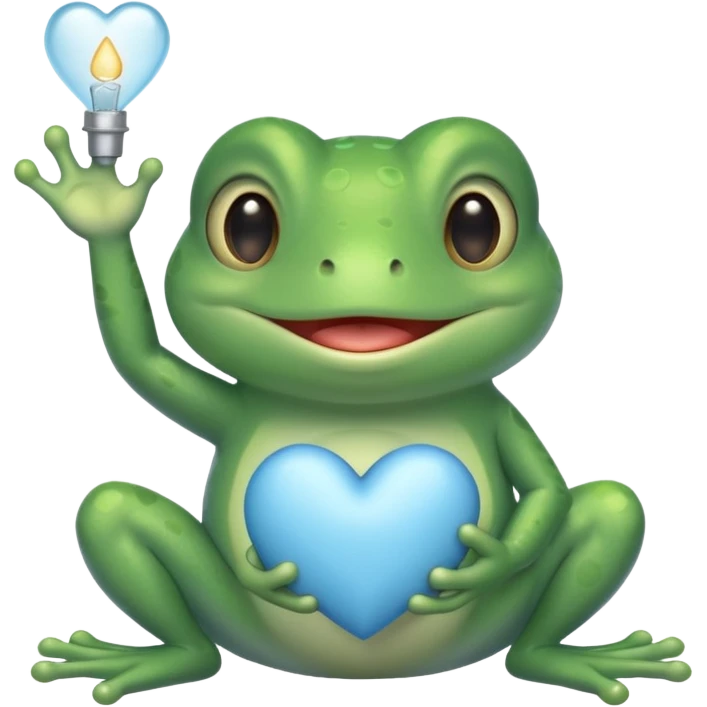 green froggy holding up a heart that is light blue & grey  emoji
