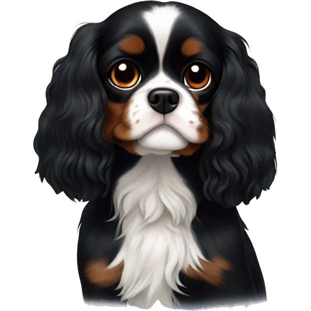 Small completely black Cavalier King Charles spaniel with black fur on his whole face and white fur on chest emoji