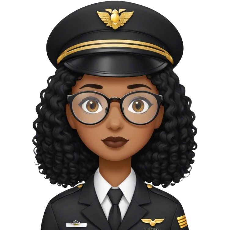 femme pilote d'avion en uniforme noir aux cheveux bouclés noir et petites lunettes arrondis identique avec des cheveux très long et la peau noir mais légèrement plus claire  emoji