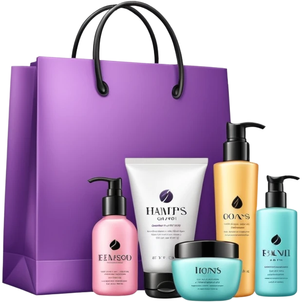 Gift bag with beauty products (shampoo, creams, styling products), a gift bag is beautyful open box full of luxury brand-labeled beauty products emoji
