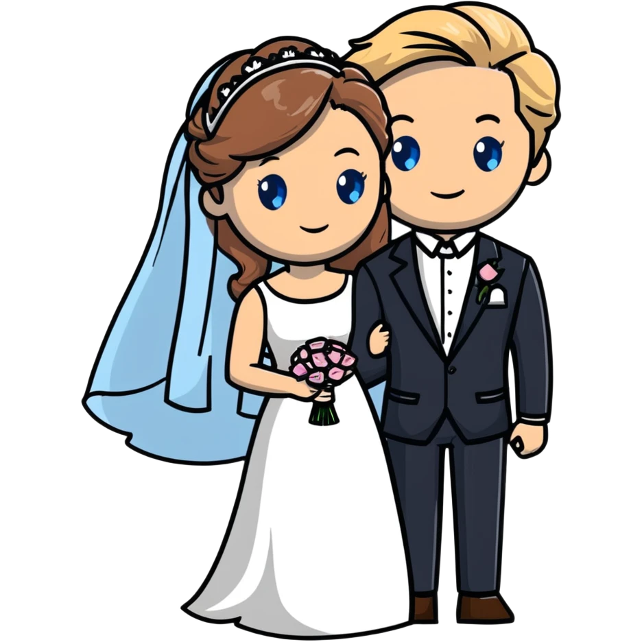 portrait of a bride with light brown hair and grey-blue eyes, and a groom with blonde hair, blue eyes, wearing a brown suit emoji