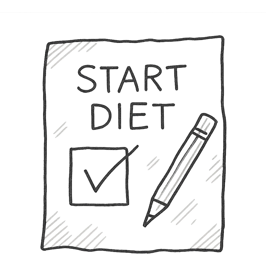 step iniziale di una dieta, disegno a penna stile schemino su un foglio di carta bianco realistico, isolato su sfondo bianco emoji