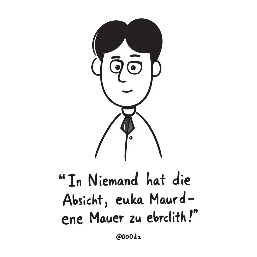 hand-drawn doodle style portrait of Walter Ulbricht with the German quote: "Niemand hat die Absicht, eine Mauer zu errichten!" emoji