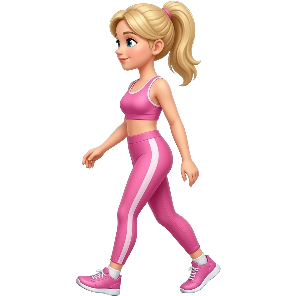 Blonde haired girl walking left to right in pink activewear aesthetic soft lighting emoji