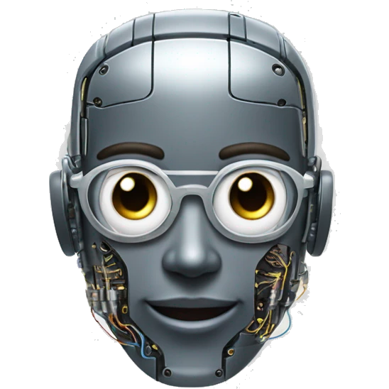 Robotic Cyborg head with fair skin, flat top haircut, rectangular glasses, circuits and smiling  emoji