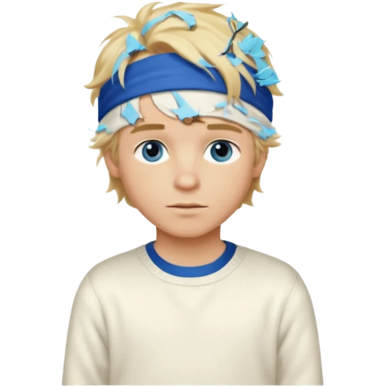 Create a look for a blond boy with long, tousled hair, light eyes, a white sweater, a wealthy appearance, blue eyes, and accessories like a Rolex or Cartier watch, and a cute face with messy hair down. blue eyes + headband white + pajama emoji
