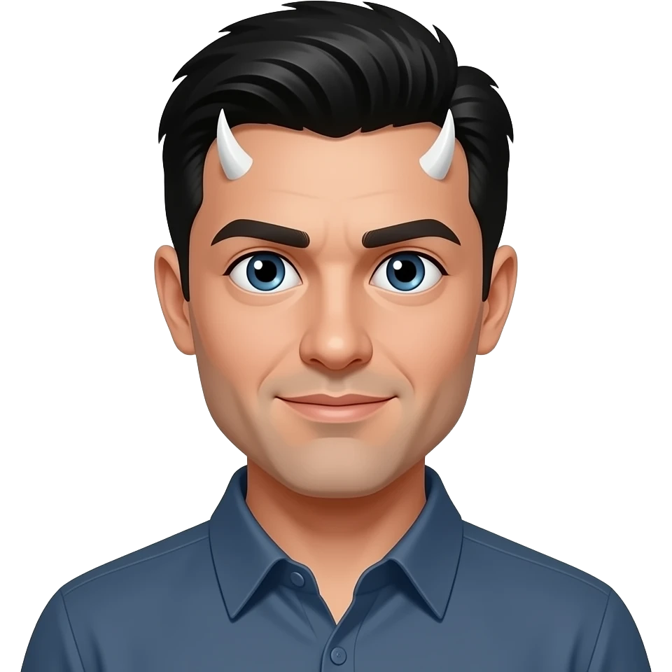 man with black hair and white skin with the whole black eye as a demon emoji