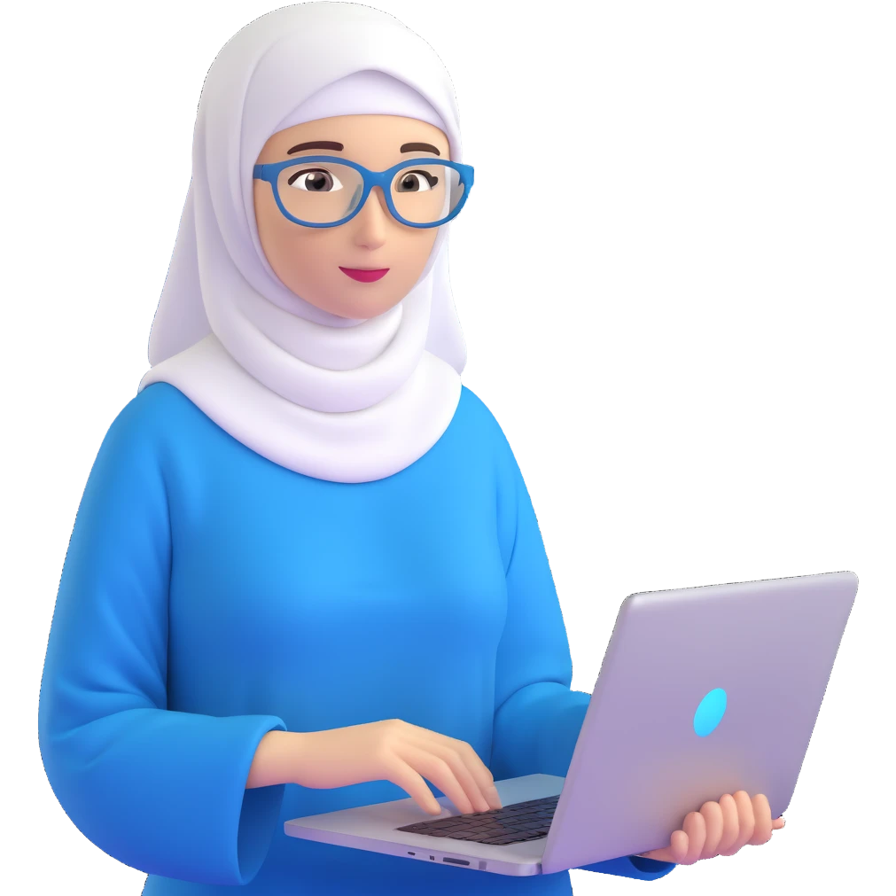 computer engineer with white hijab wearing blue outfit, presenting her metaverse creation with a large digital screen behind her displaying virtual worlds and code, laptop open in front of her showing programming interface, AR glasses, professional stance emoji