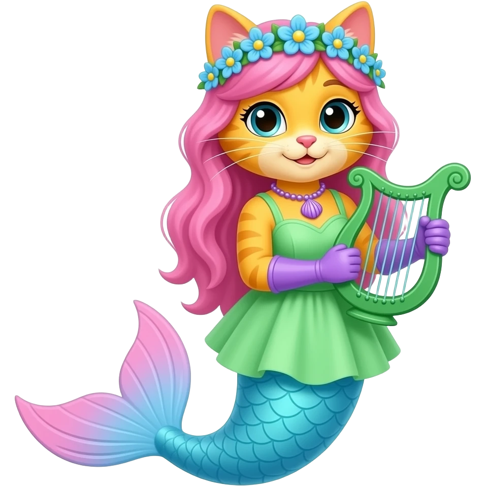 yellow cat with pink hair blue flower crown with light purple shell necklace green dress attached to light blue mermaid tail with pink fins purple gloves holding a green harp artistic creation, beautiful art emoji