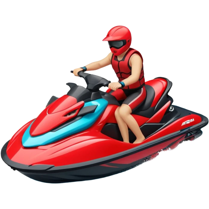jet ski (red black and white all in the same amount. maybe a red a bit more dominant) on the sea. show the sea under the jet ski - blue with turquoise. no sky - white background instead. DO NOT REMOVE THE SEA AND THE WHITE WHEN FINALIZING!  emoji