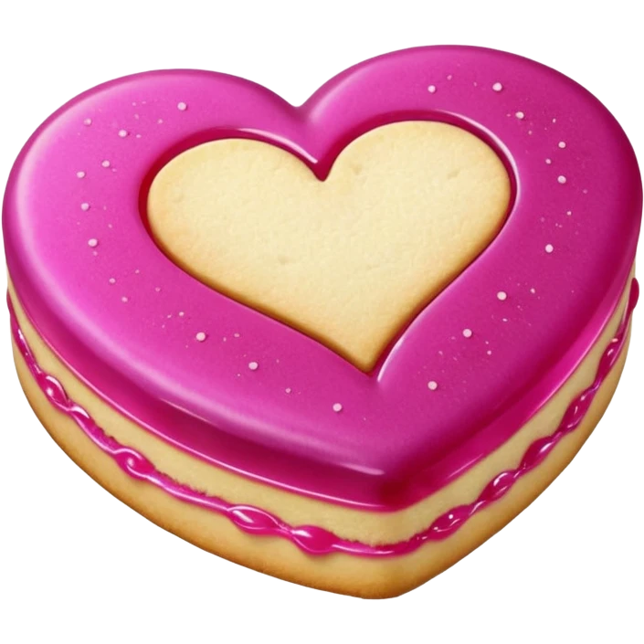Realistic shortbread cookie in the shape of a heart with Fuchsia color jelly middle filling and sprinkled powder sugar on top. emoji