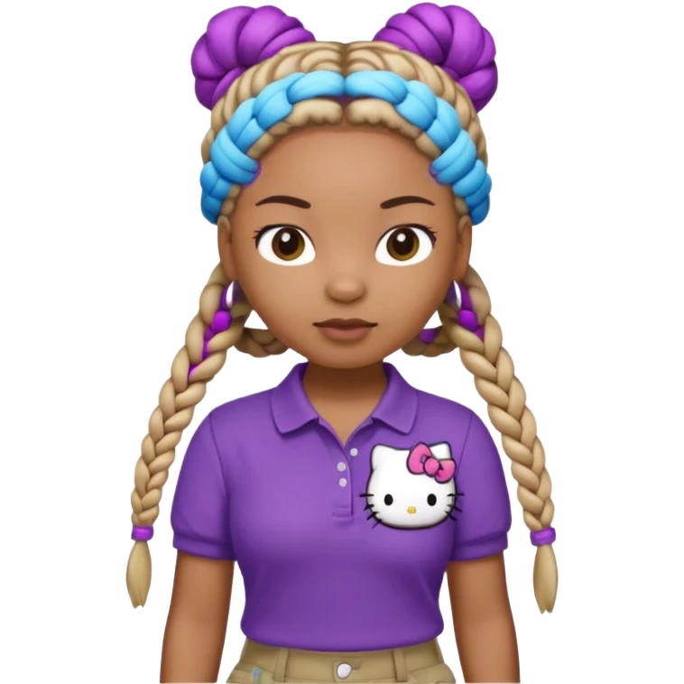 hello kitty wearing purple polo shirt and kyaki pants with long box braids baddie emoji