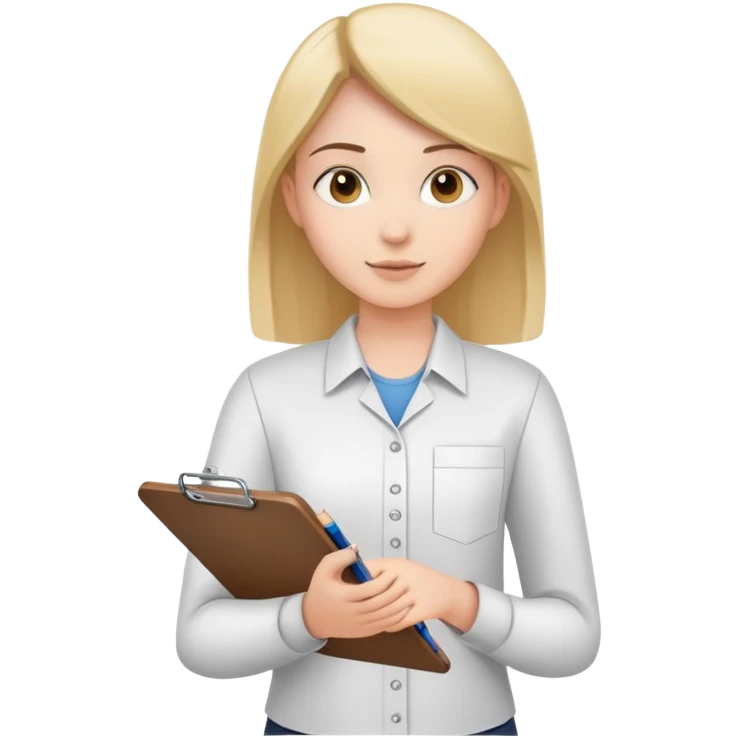 intern or volunteer holding a clipboard and pencil, ready to take notes or assist. The character wears a simple shirt and has an eager posture emoji