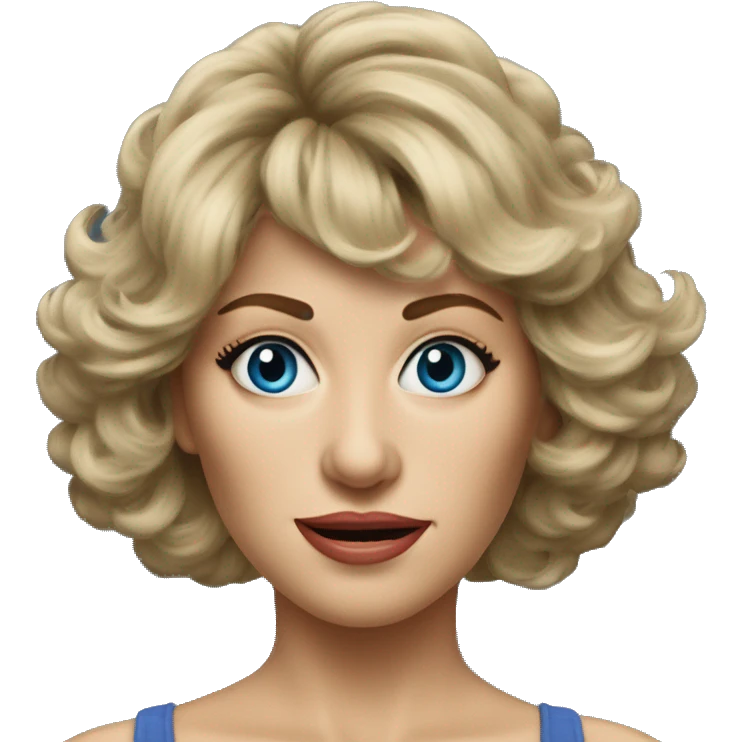 Medium length Dirty blonde big hair with bangs all across forehead and sides swept away from face woman of 60 with blue eyes  emoji