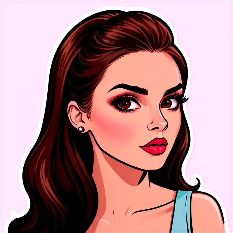 brown hair / black eyes / sharp jawline / pretty nose/big lips /long lashes/with full make up / hair is a little long  emoji