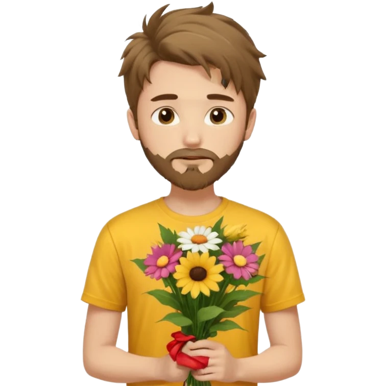 generate an ios genmoji of a 20 year old fair boy with brown long and messy hair with goattee beard on cheeks. carrying a flower bouquet, wearing a yellow tshirt, looking shy.  emoji