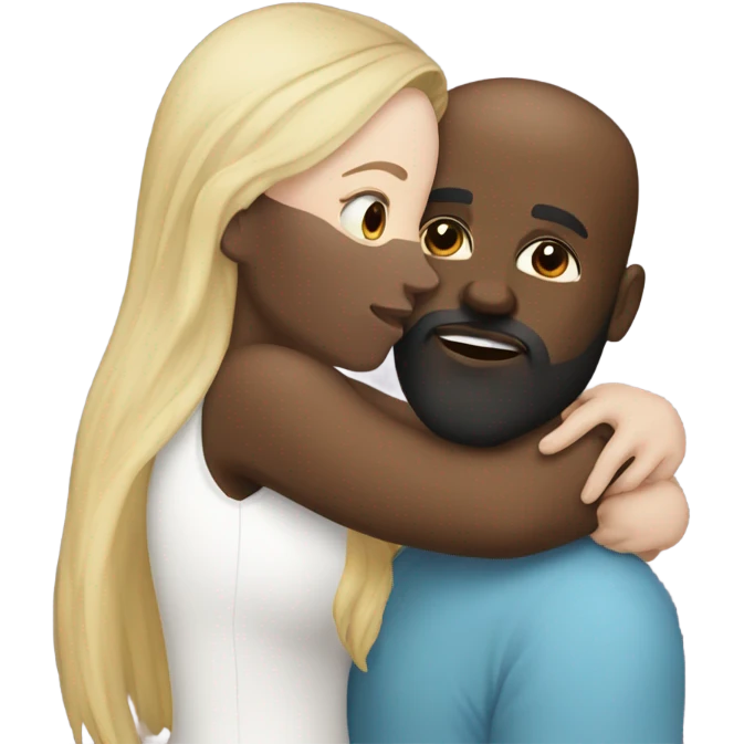 White girl brunette kissing black bald man with beard emoji