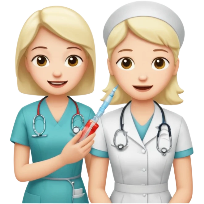Create a cute, funny sticker-style story in a cartoon illustration.
Scene sequence shows a nervous patient getting an injection from a kind nurse.
 emoji