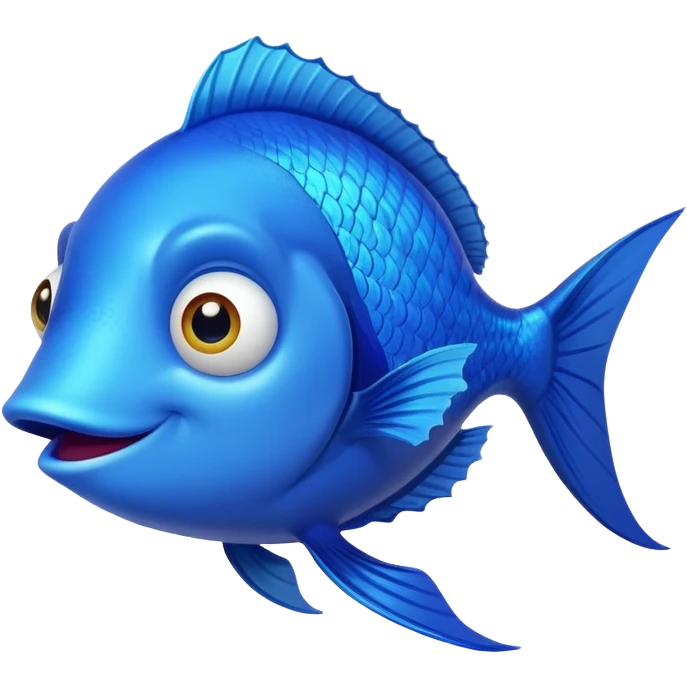 ridiculously stupid looking bright blue fish in side profile facing right, but with both crossed eyes somehow looking at viewer, dopey smile, flat 2D side view only emoji