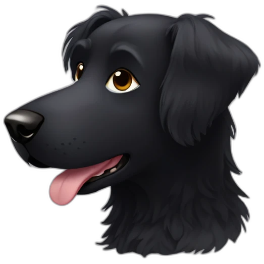Sitting Hairy Black dog with white circle with more hair in face and brown eyes emoji