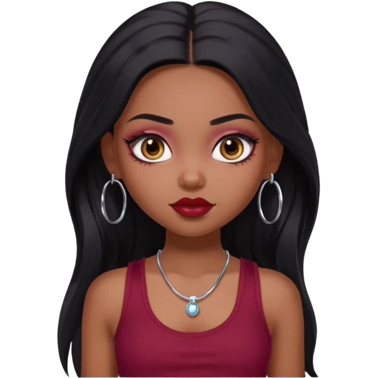 a pretty bratz girl with long black hair, kajal under eyes, small silver hoop. Dark cherry red tank top on.  emoji