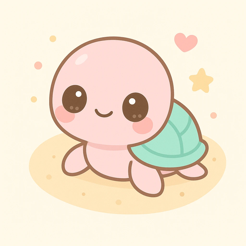turtle on sandy beach, top-down view, extremely cute underwater cartoon creature with a big round head, huge sparkling eyes, small smiling mouth, and pink shiny skin, rosy cheeks, soft pastel colors, plastic toy-like texture, chibi style, surrounded by colorful fish and coral, gentle lighting, 3D-rendered, high detail, kawaii aesthetic emoji