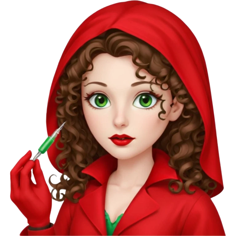 Spanish sexy evil woman. She has green eyes.  had brown long curly hair.  evil surgeon kills with needle wears red sexy doctor coat with red Juliet veil on her mouth and nose to hide and wearing red gloves.  emoji