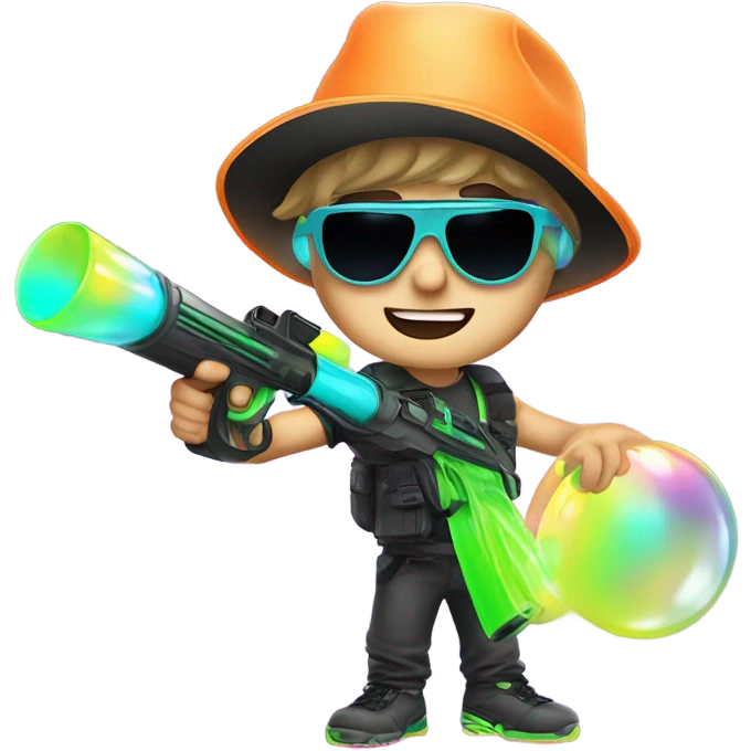 Caucasian boy in glowing rave gear with sunglasses and mask and hat and headlamp and shooting a bubble gun emoji