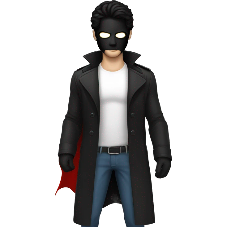 guy with black hair, white skin, a white winged superhero mask with black on the inside, black trenchcoat, red gloves emoji