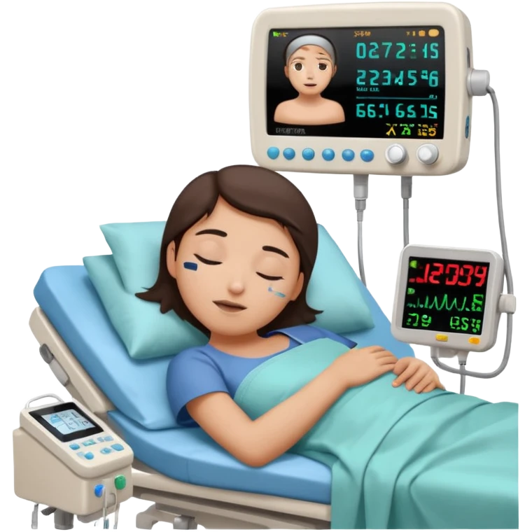 a PATIENT waking up before a surgery sleeping. And 1 monitor with vitals and numbers emoji