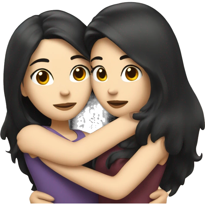 A lesbian couple with white skin and long black hair hugging intimately emoji