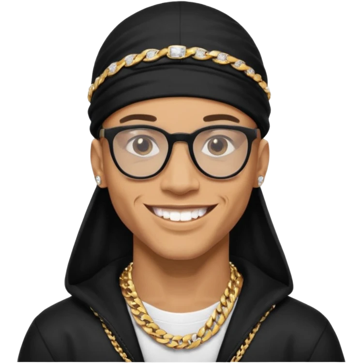 lightskin man with a black durag,a cuban link chain,glasses, and smiling flexing diamond studded teeth  emoji